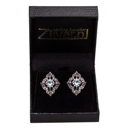 Zilveren oorstekers ruitjes met edelsteentjes