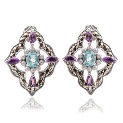 Zilveren oorstekers ruitjes met edelsteentjes