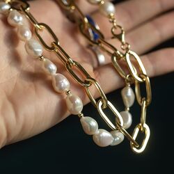 Lelune verguld zilver paperclip schakel zoetwaterparelcollier LGNK341