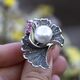 Zilveren ring Ginkgo parel met robijn markasiet