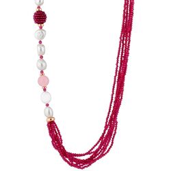 Lelune Glamour lang parelcollier roze jade en fuchsia spinelsnoeren LGNK531