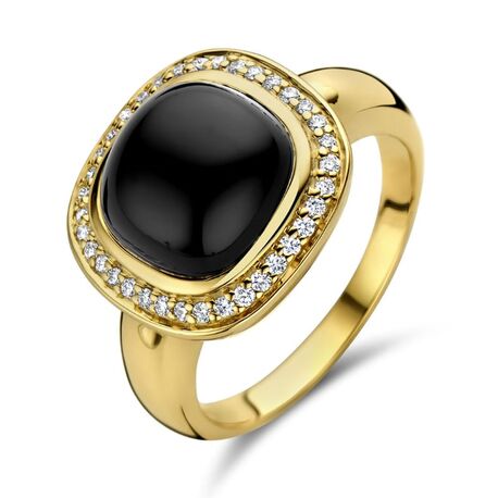 Geelgouden ring met grote zwarte onyx en diamanten 0.2 ct