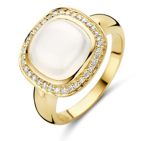 Geelgouden ring met glanzende maansteen en diamanten rondom