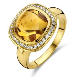 Geelgouden ring Halo met geel citrien en diamant 0,20 ct