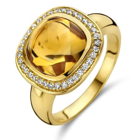 Geelgouden ring Halo met geel citrien en diamant 0,20 ct
