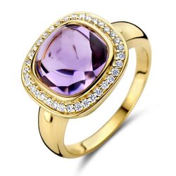 Geelgouden ring Halo met amethist en diamant 0,20 ct