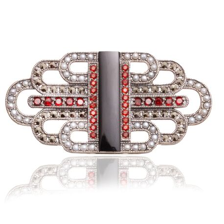 Zilveren broche art deco onyx granaat