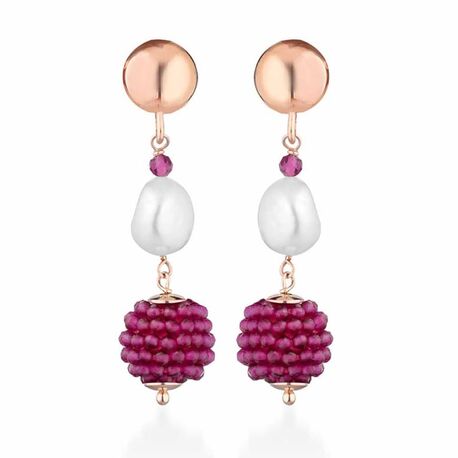 Lelune Glamour rosé goud vergulde zilveren pareloorbellen fuchsia