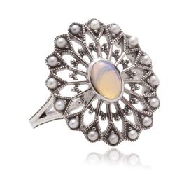 Zilveren opengewerkte ring opaal en pareltjes