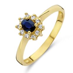 Geelgouden ring met 0,08 ct diamant en saffier