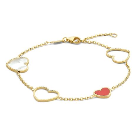 Geelgouden hart armband rood epoxy en parelmoer