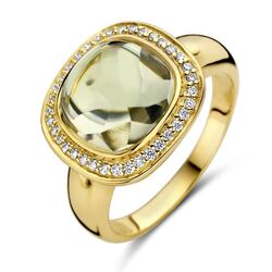 Geelgouden ring met licht groen amethist met diamant