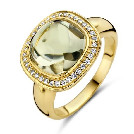 Geelgouden ring met licht groen amethist met diamant