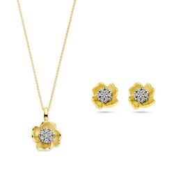 Bicolor gouden oorknopjes en hanger bloem met diamant