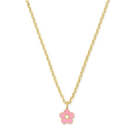 Geelgouden collier 36+4cm met roze bloemetje