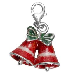 Saturno zilveren Kerst bedel hanger kerstklokken met emaille in rood groen en wit