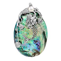Grote zilveren hanger zeemermin met abalone schelp en parelmoer 