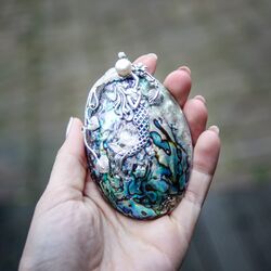 Grote zilveren hanger zeemermin met abalone schelp en parelmoer 