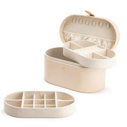 Zachtroze sieradenbox met uitneembare trays